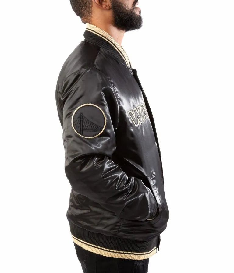 Golden State Warriors Full-Snap Varsity Black/Gold Satin Men's Bomber Jacket