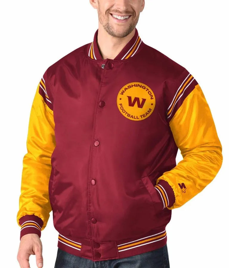 Washington Commanders Enforcer Full-Snap Varsity Burgundy/Gold Satin Men's Bomber Jacket