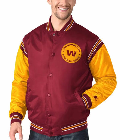 Washington Commanders Enforcer Full-Snap Varsity Burgundy/Gold Satin Men's Bomber Jacket