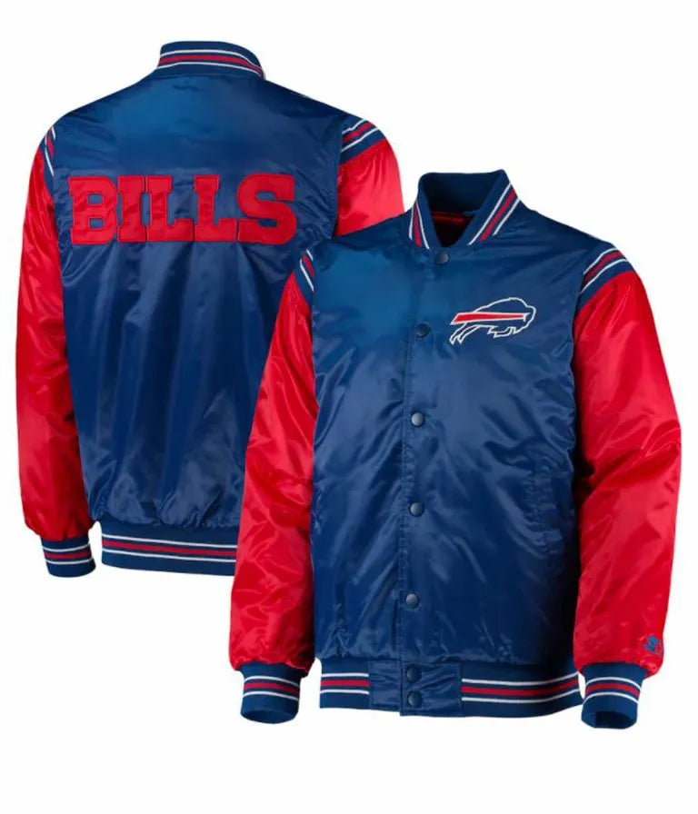 Buffalo Bills Full-Snap Varsity Blue and Red Satin Men's Bomber Jacket