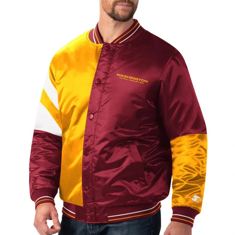 Washington Commanders Leader Full-Snap Varsity Burgundy/Yellow Satin Men's Bomber Jacket