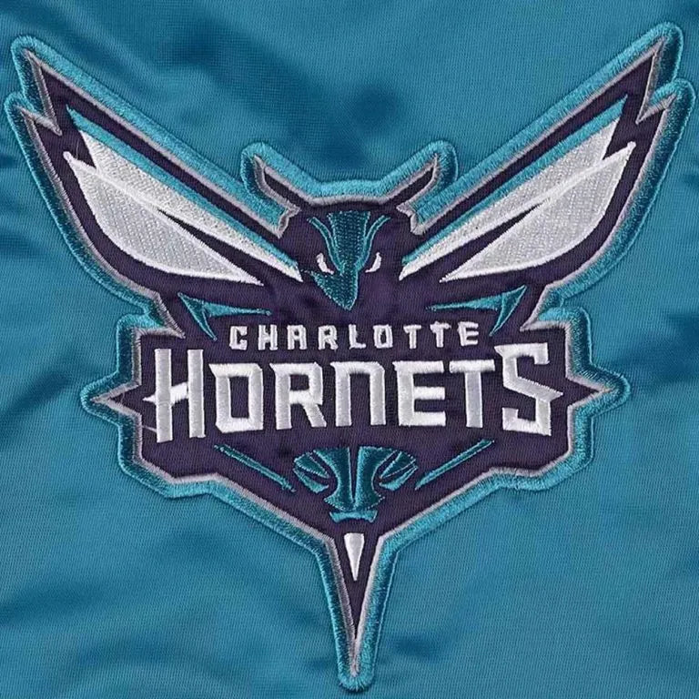 Charlotte Hornets Slider Full-Snap Varsity Teal Satin Men's Bomber Jacket