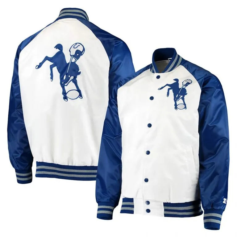 Indianapolis Colts Throwback Full-Snap Varsity White and Blue Satin Men's Bomber Jacket