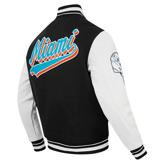 Miami Dolphins Script Tail Black Wool and White Genuine Leather Sleeves Men's Varsity Letterman Jacket