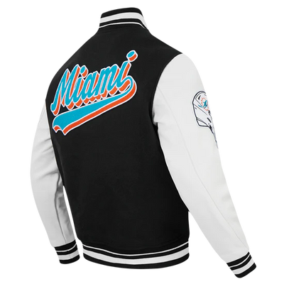 Miami Dolphins Script Tail Black Wool and White Genuine Leather Sleeves Men's Varsity Letterman Jacket