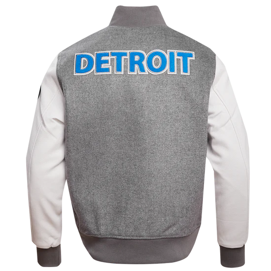 Detroit Lions Grey Wool & White Genuine Leather Sleeves Men's Varsity Jacket