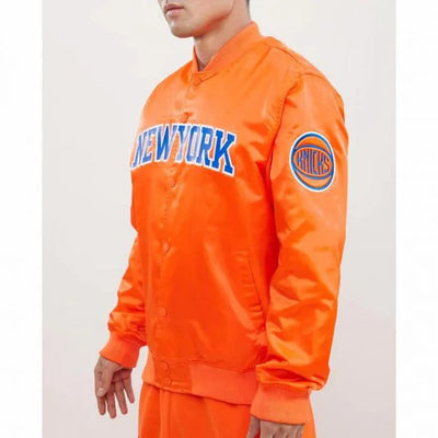New York Knick Wordmark Full-Snap Varsity Royal Blue/Orange Satin Men's Bomber Jacket