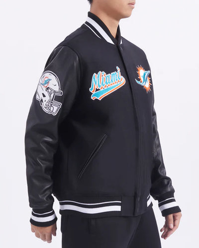 Miami Dolphins Script Tail Black Wool and Genuine Leather Sleeves Men's Varsity Letterman Jacket