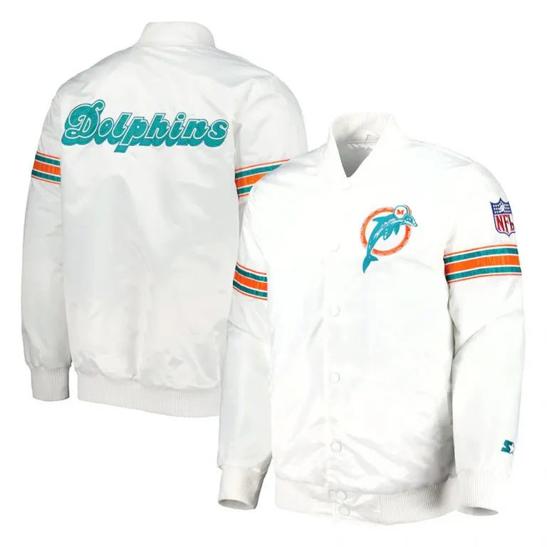 Miami Dolphins The Power Forward Full-Snap Varsity White Satin Men's Bomber Jacket