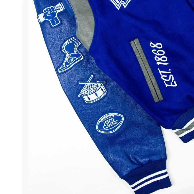 Hampton University Motto 3.0 Royal Blue Wool & Genuine Leather Sleeves Men's Letterman Varsity Jacket