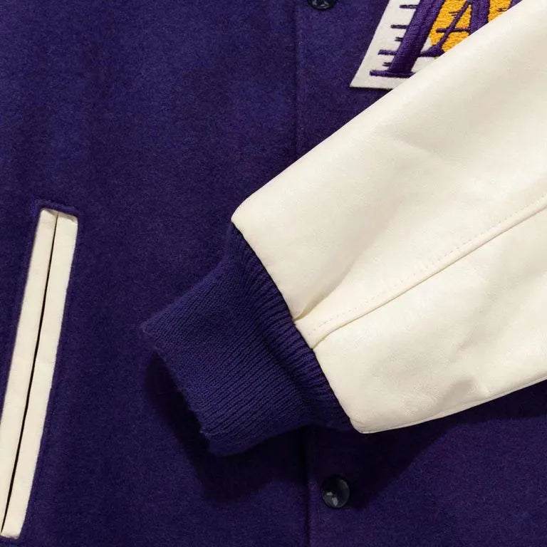 Los Angeles Lakers Vintage Varsity Purple Wool & White Genuine Leather Sleeves Men's Bomber Jacket