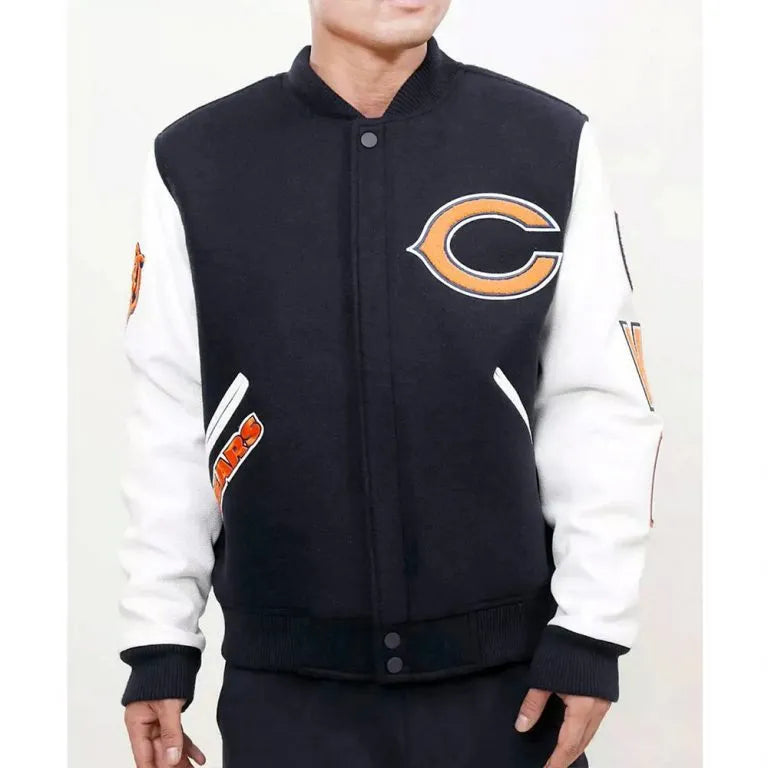 Chicago Bears Black Wool & White Genuine Leather Sleeves Full-Snap Men's Varsity Jacket