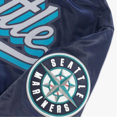 Seattle Mariners Script Tail Full-Snap Varsity Navy Blue Satin Men's Jacket