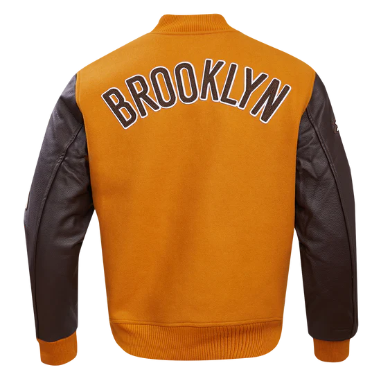 Brooklyn Nets NBA Orange Wool & Brown Genuine Leather Sleeves Men's Varsity Letterman Jacket