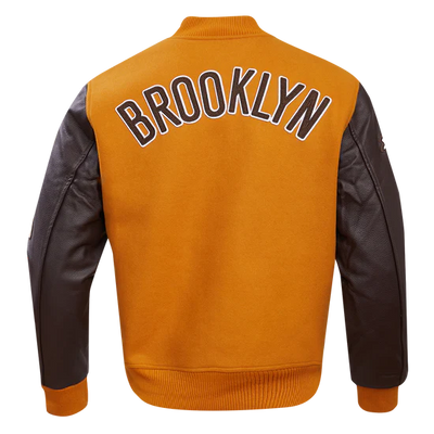 Brooklyn Nets NBA Orange Wool & Brown Genuine Leather Sleeves Men's Varsity Letterman Jacket