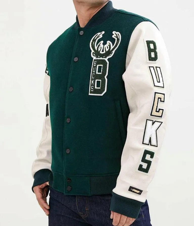 Milwaukee Bucks Varsity Green Wool & White Genuine Leather Sleeves Men's Letterman Jacket