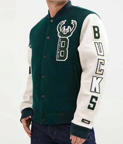 Milwaukee Bucks Varsity Green Wool & White Genuine Leather Sleeves Men's Letterman Jacket