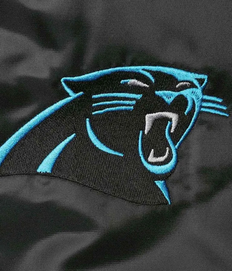Carolina Panthers Locker Room Full-Snap Varsity Black Satin Men's Bomber Jacket