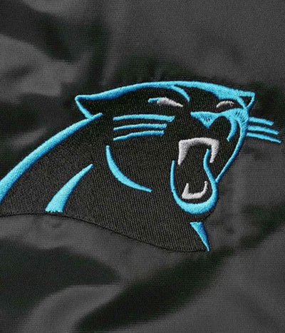 Carolina Panthers Locker Room Full-Snap Varsity Black Satin Men's Bomber Jacket