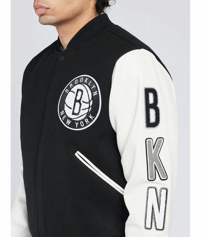 Brooklyn Nets Logo Patches Black Wool & White Genuine Leather Sleeves Men's Varsity Letterman Jacket