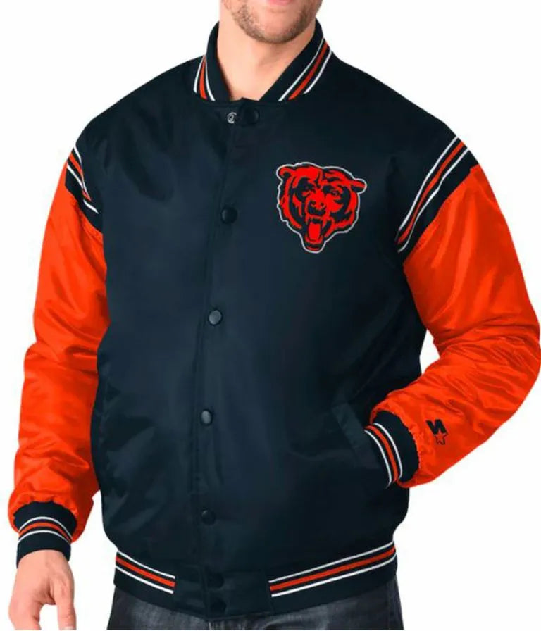 Chicago Bears Full-Snap Varsity Navy Blue and Orange Satin Men's Bomber Jacket