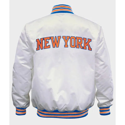New York Knick Full-Snap Varsity White Satin Men's Bomber Jacket