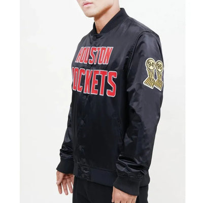 Houston Rockets Big Logo Full-Snap Varsity Black Satin Men's Bomber Jacket