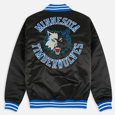 Minnesota Timberwolves Heavyweight Full-Snap Varsity Black Satin Men's Bomber Jacket