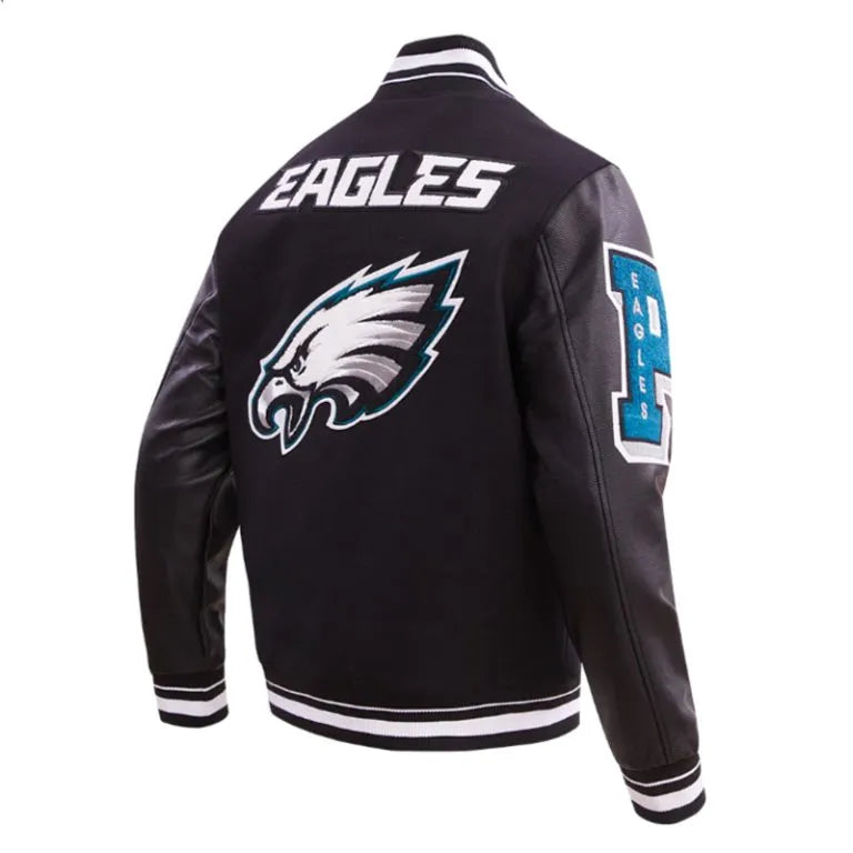 Philadelphia Eagles Mashup Rib Black Wool & Genuine Leather Sleeves Men's Varsity Letterman Jacket