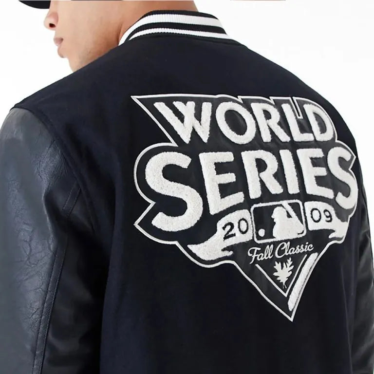2009 NY Yankees World Series Varsity Full-Snap Black Wool/Leather Men's Jacket