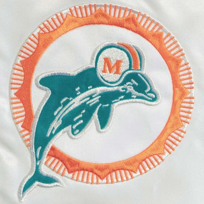 Miami Dolphins Throwback D-Line Full-Snap Varsity White Satin Men's Bomber Jacket