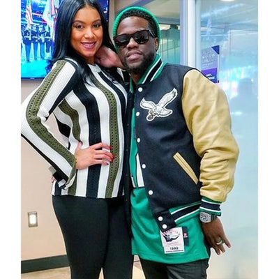 Kevin Hart Philadelphia Eagles Black Wool & Beige Genuine Leather Sleeves Men's Varsity Letterman Jacket