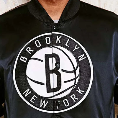 Brooklyn Nets Full-Snap Varsity Black Satin Men's Bomber Jacket