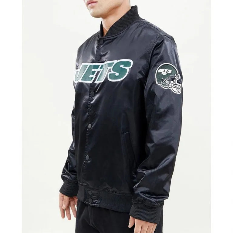 New York Jets Wordmark Full-Snap Varsity Black Satin Men's Bomber Jacket