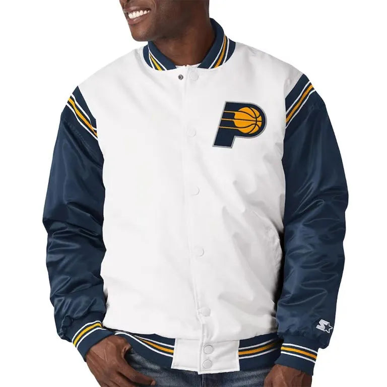 Indiana Pacers Renegade Full-Snap Varsity White and Navy Blue Satin Men's Bomber Jacket