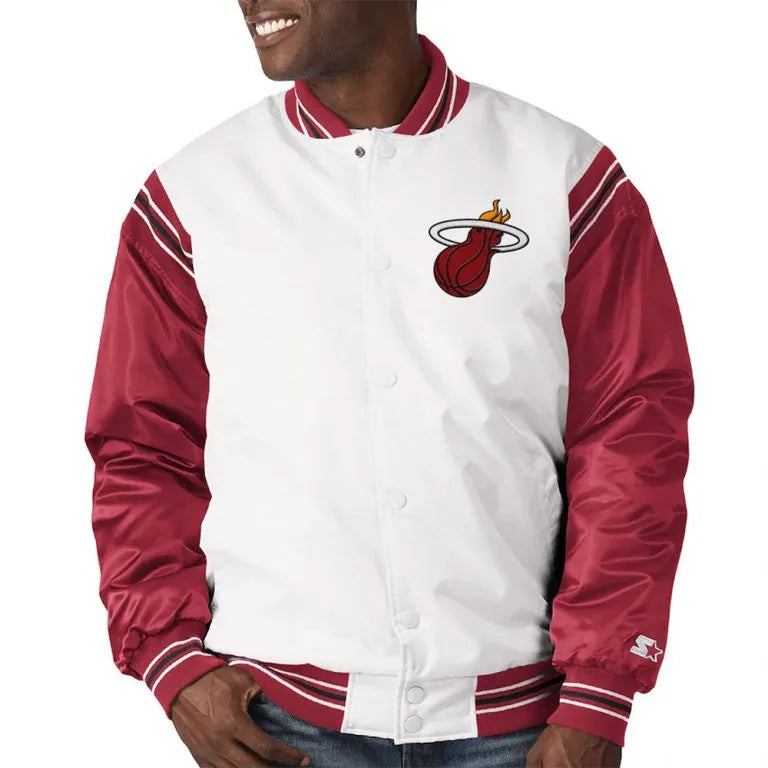 Miami Heat Renegade Full-Snap Varsity White/Red Satin Men's Bomber Jacket