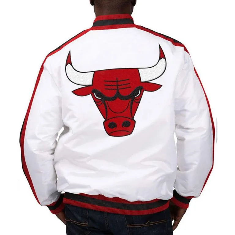 Chicago Bulls The D-Line Full-Snap Varsity White Satin Men's Bomber Jacket