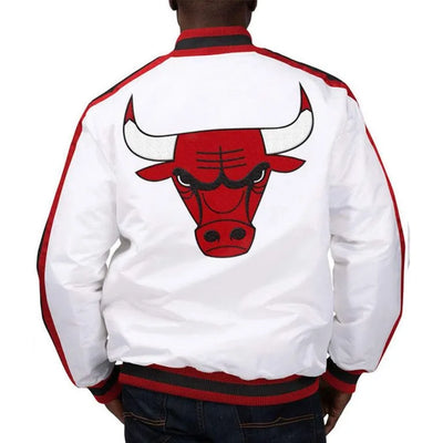 Chicago Bulls The D-Line Full-Snap Varsity White Satin Men's Bomber Jacket