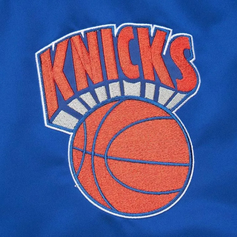 New York Knicks Primetime Full-Snap Varsity Royal Blue and Orange Satin Men's Bomber Jacket