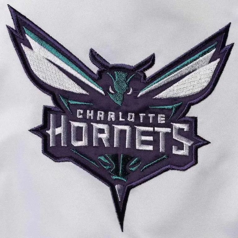 Charlotte Hornets The Enforcer Full-Snap Varsity Navy Blue and White Satin Men's Bomber Jacket