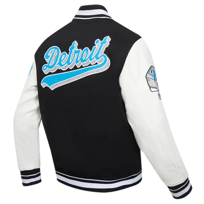 Detroit Lions Script Tail Black Wool & White Genuine Leather Sleeves Men's Varsity Jacket