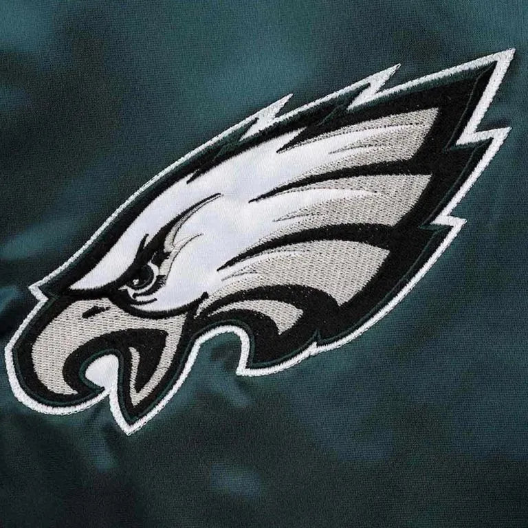 Philadelphia Eagles The Diamond Full-Snap Varsity Midnight Green Satin Men's Bomber Jacket