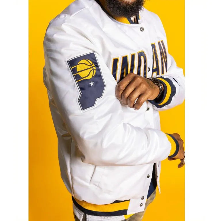 Indiana Pacers X Full-Snap Varsity White Satin Men's Bomber Jacket