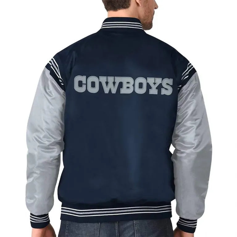 Dallas Cowboys Enforcer Full-Snap Varsity Navy/Silver Satin Men's Bomber Jacket