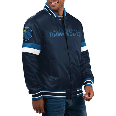 Minnesota Timberwolves Youth Home Game Full-Snap Varsity Navy Blue Satin Men's Bomber Jacket
