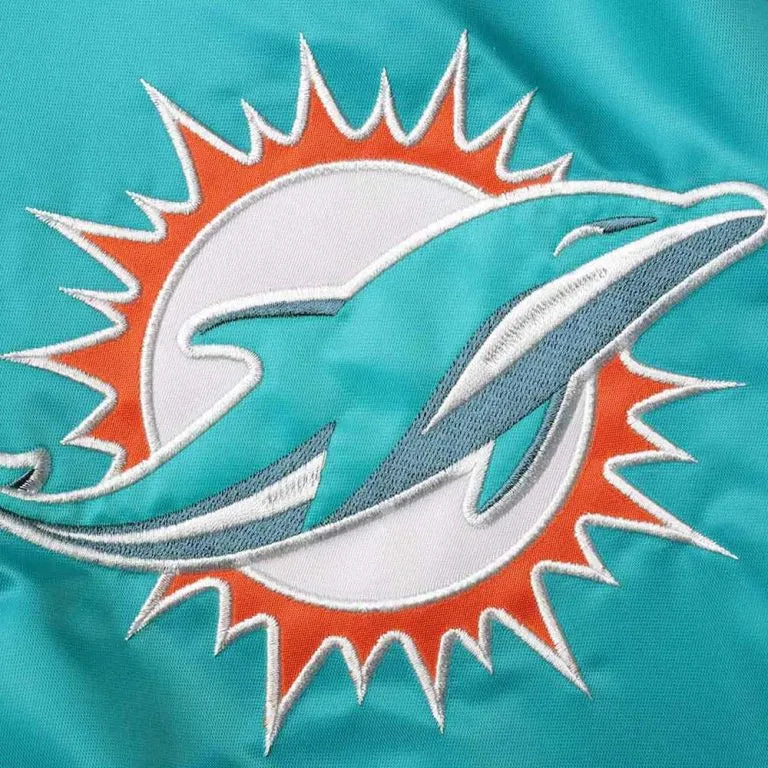 Miami Dolphins The Reliever Full-Snap Varsity Tri Color Satin Men's Bomber Jacket