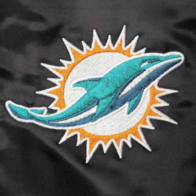 Miami Dolphins Locker Room Full-Snap Varsity Black Satin Men's Bomber Jacket