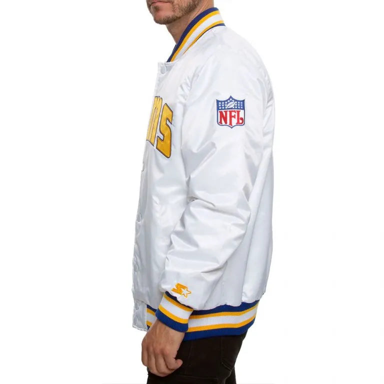 Los Angeles Rams Full-Snap Varsity White Satin Men's Bomber Jacket