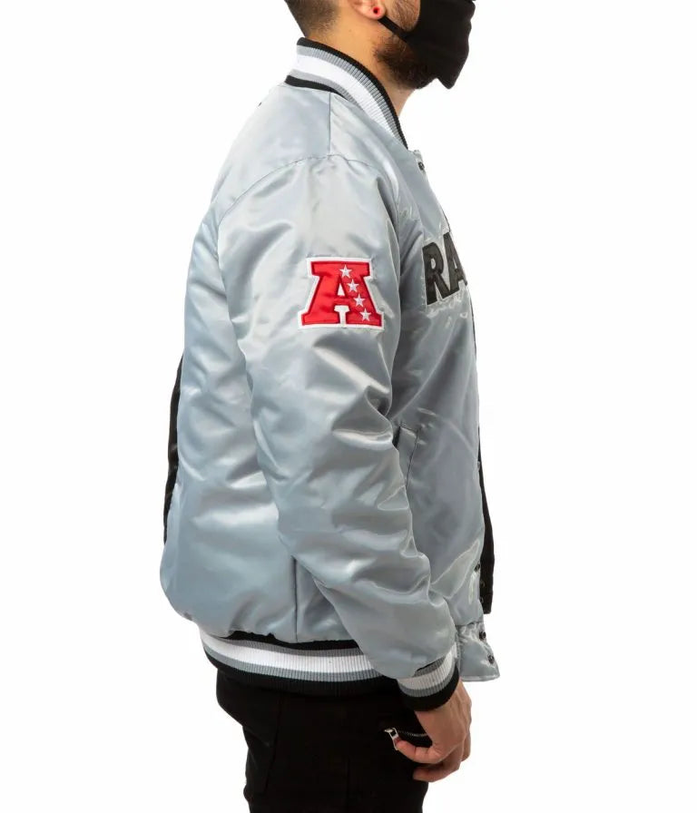 Los Angeles Raiders Full-Snap Varsity Black and Grey Satin Men's Bomber Jacket