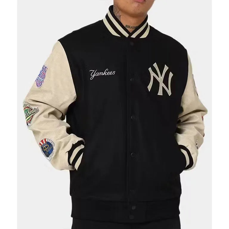 New York Yankees World Series Black Wool & Leather Full-Snap Varsity Jacket
